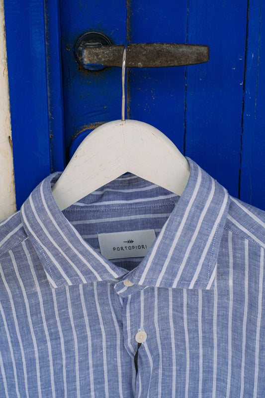 Gaffi Store 1966 Camicia in Lino Riga Azzurro/Bianco Portofiori