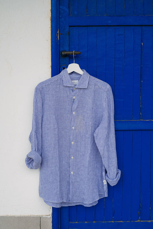 Gaffi Store 1966 Camicia in Lino Riga Blu/Bianco Portofiori