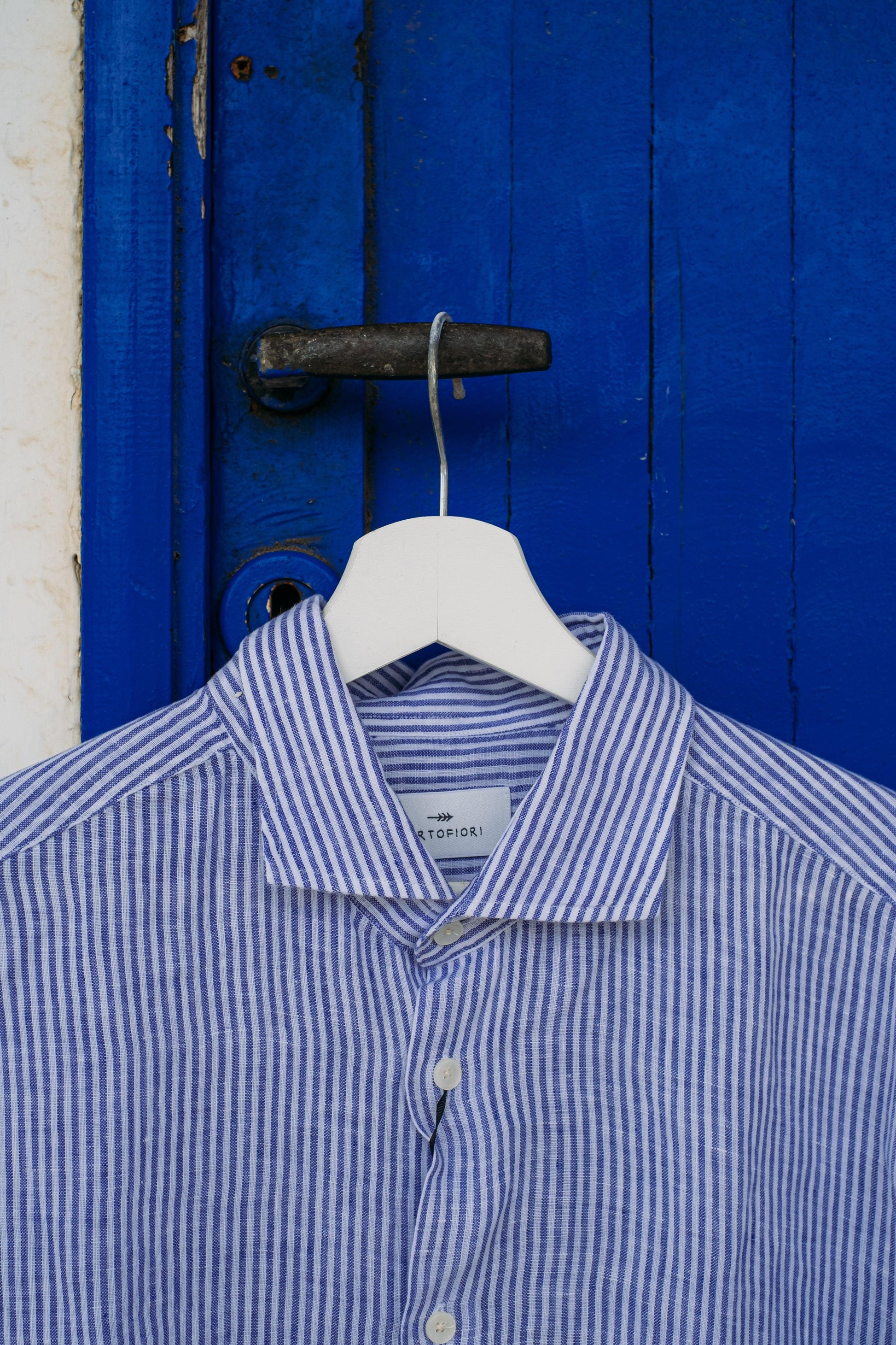 Gaffi Store 1966 Camicia in Lino Riga Blu/Bianco Portofiori