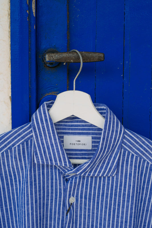 Gaffi Store 1966 Camicia Misto Lino Righe Blu/Bianco Portofiori