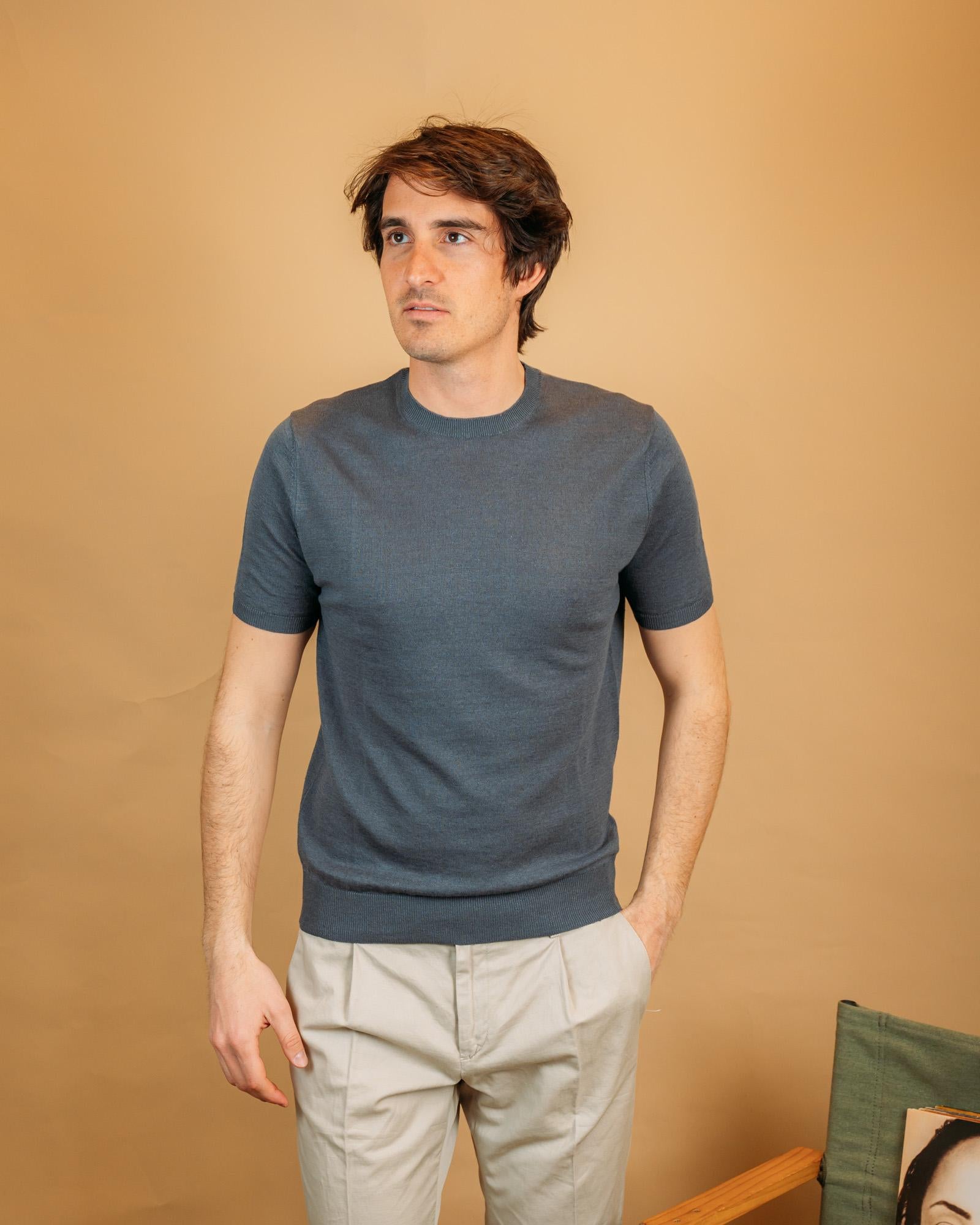 Gaffi t-shirt uomo in misto lino colore grigio piombo girocollo