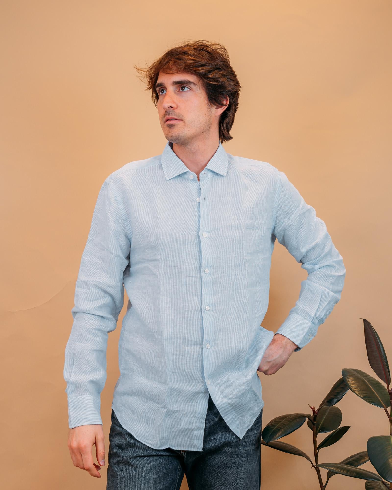 Camicia Millerighe in Lino Bianco/Azzurro 748ML81271 002 Xacus 