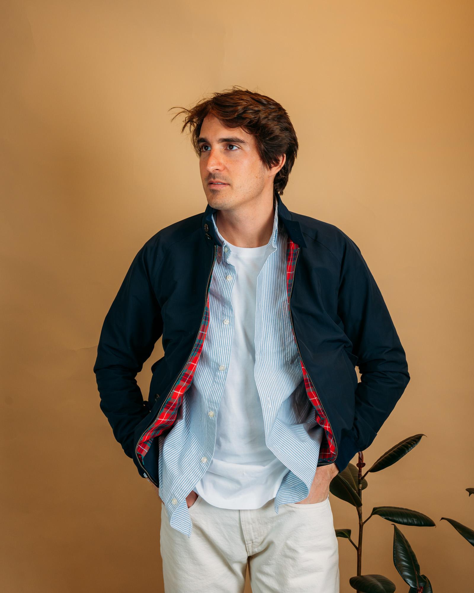 Polsini in maglia a coste e della zip a doppio cursore del Baracuta G9 blu.