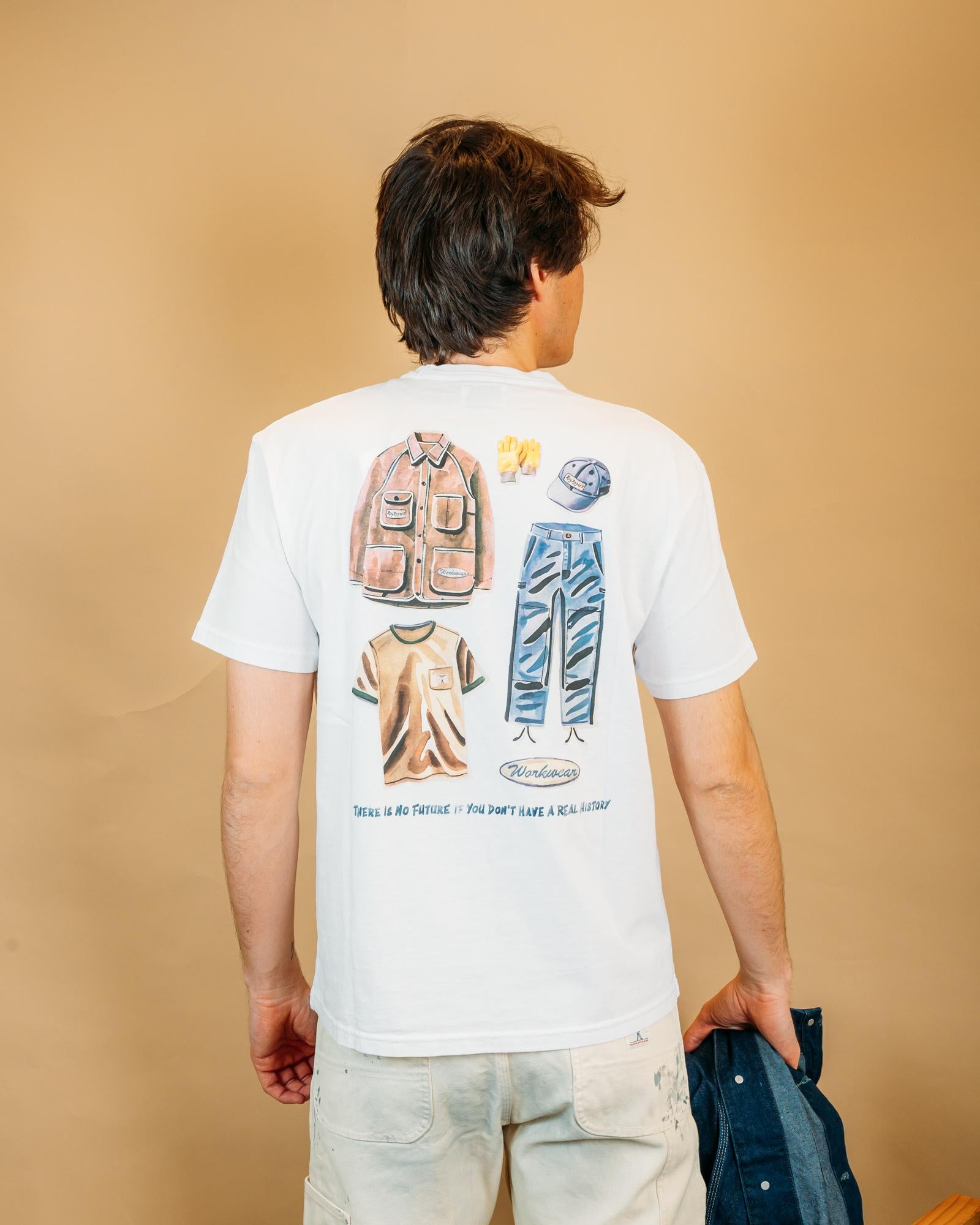 Vista retro della t-shirt Roy Roger's Workerwear Tools White con stampa vintage.