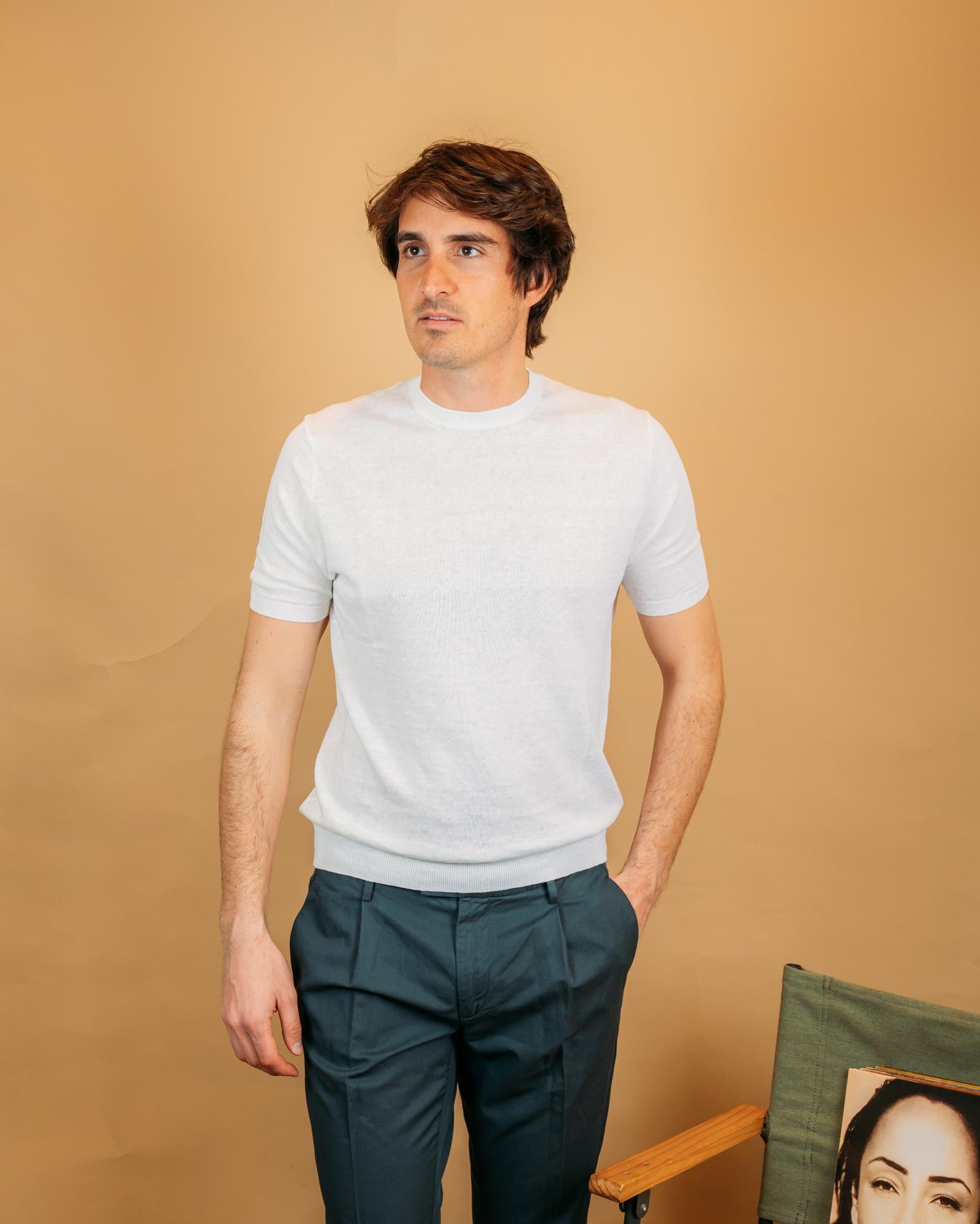 Gaffi t-shirt uomo in misto lino colore bianco ottico girocollo