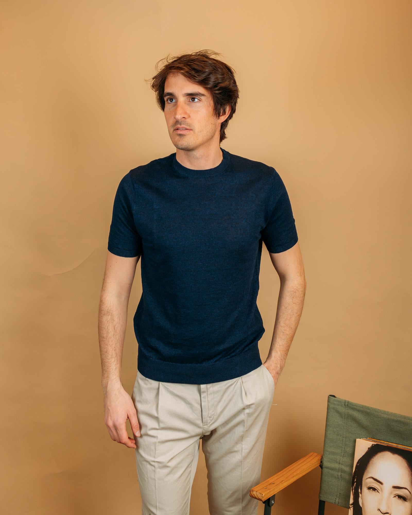 Gaffi t-shirt uomo in misto lino colore blu navy girocollo