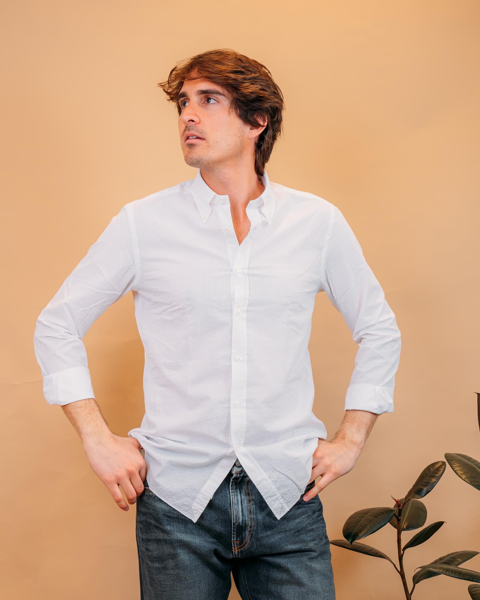 Xacus camicia in seersucker bianco uomo tessuto increspato cotone